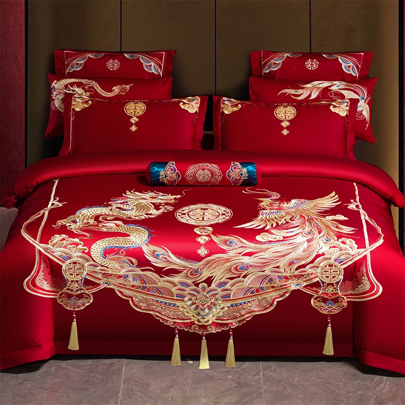 婚庆四件组大红色全棉喜庆被套结婚嫁床上用品纯棉新婚房礼龙凤刺