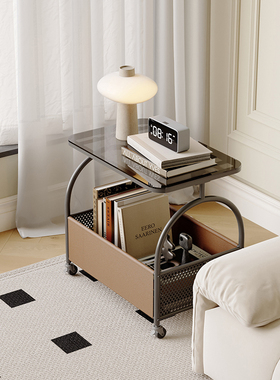 带轮可移动客厅沙发边几简约侘寂风小户型不占地小茶几玻璃小推车