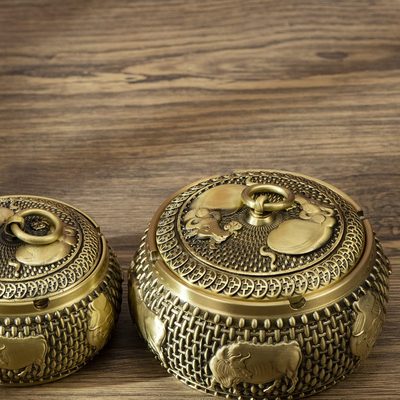 黄铜记创意摆件牛家用客厅中式五飞防高端办公室铜小灰烟灰缸带盖