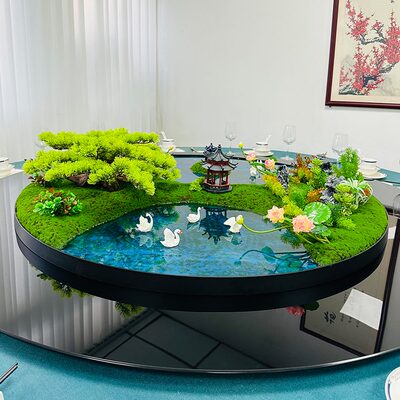 中微景观电动转盘艺摆件酒店餐桌新中式造景装饰花间摆设花大圆桌