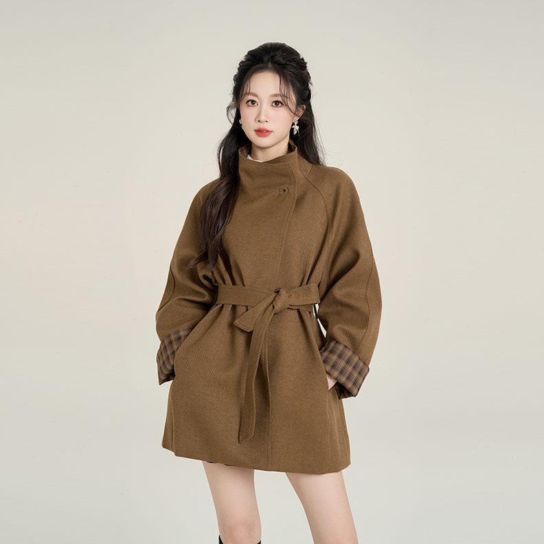 色洋气年毛呢外套感中长款咖啡呢子大衣女2024小个子冬装高级新款