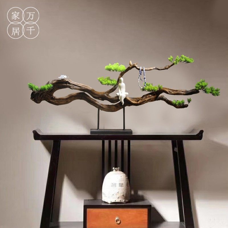 新中式实木枯木i禅意摆件现代客厅会所玄关风化木迎客松家居装饰