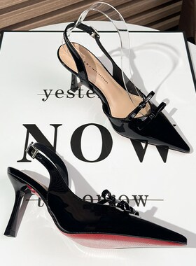 法式红底一字带包头凉鞋r女细跟2025年新款夏季黑色后空职业高跟