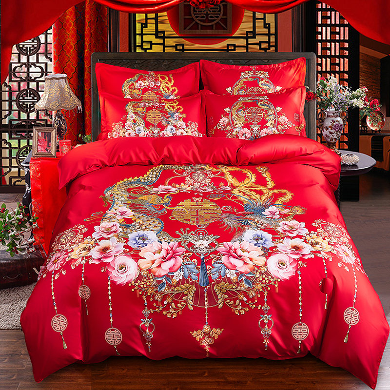 纯棉大红色婚庆四件组龙凤新婚婚房床上用品结婚礼品全棉床单被套