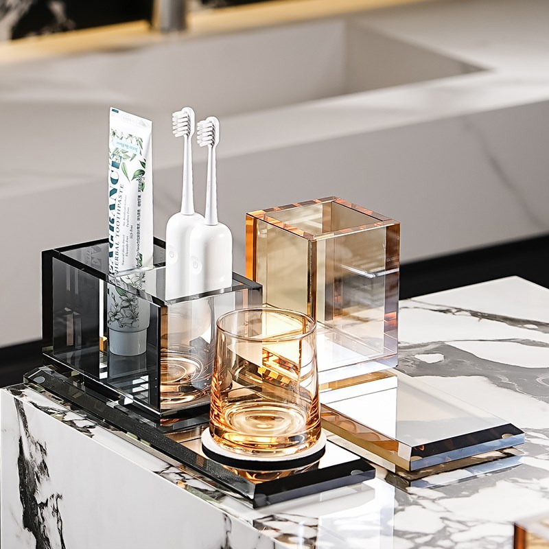 家用水晶玻璃单人牙刷架洗漱口杯架置物架极简风卫生间梳子收纳筒