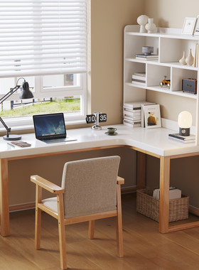 实木转角书桌书架一体组合7L型电脑桌家用卧室飘窗拐角书桌学习桌