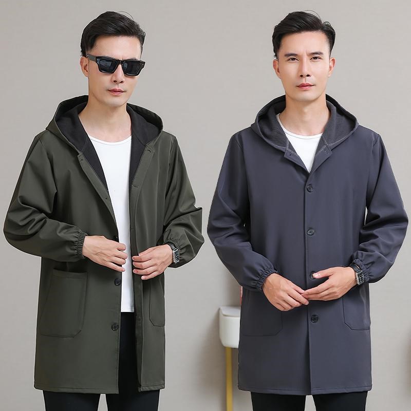 新款男士罩衣加绒防水防油耐脏工作服秋冬款男大褂时尚纽扣连帽