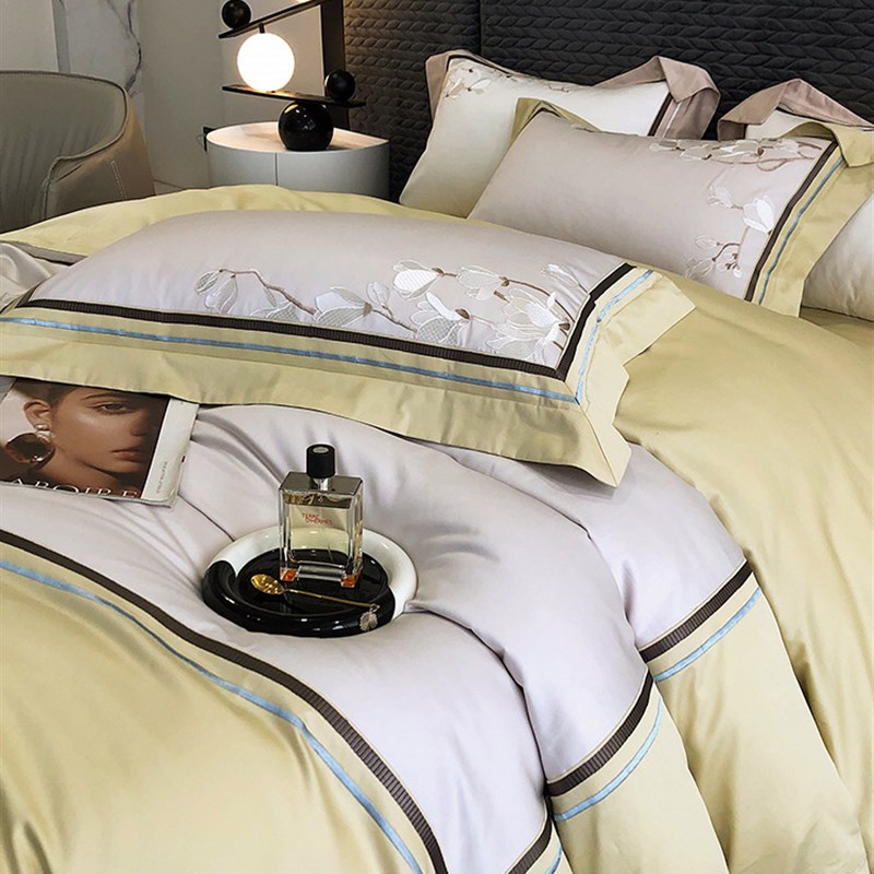 全棉床单四件套100支长绒棉花鸟刺绣新中式被套床上用品绿粉色