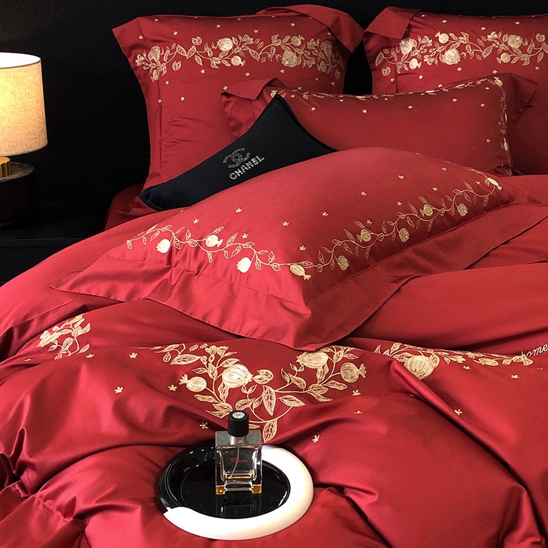 韩式婚庆100S长绒棉四件套石榴刺绣纯棉结婚宽边被套床单床上用品