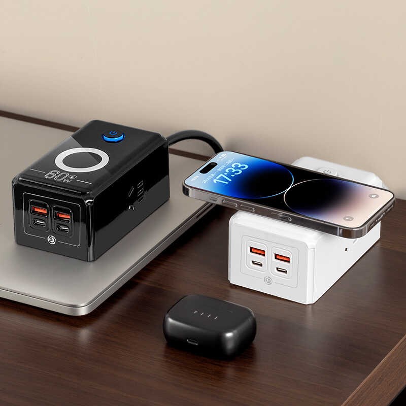 60W快充智能排插USB+C型接口插座 手机无线充电接线插板桌面拖板