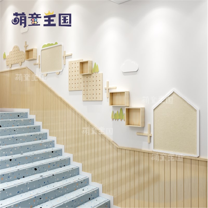 幼儿园环创楼梯间走廊过道实木与pvc碰撞-2文化墙简约风自然主题