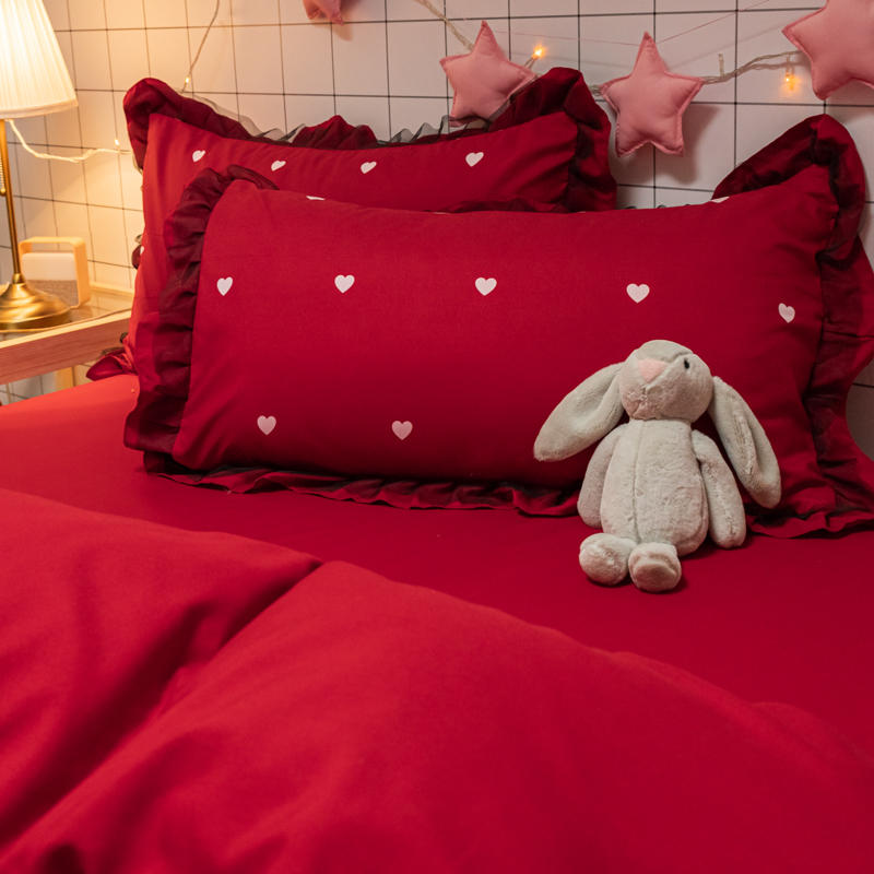 公主风纯棉床上用品四件套新婚庆少女心大红色磨毛被套结婚床单