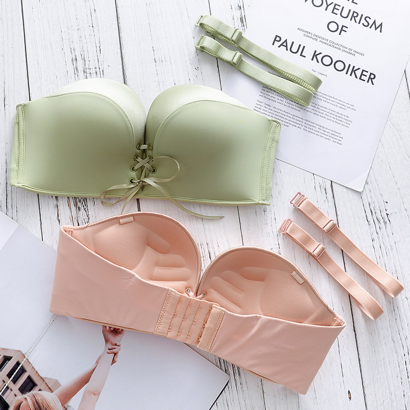 夏无肩带内衣女聚拢防滑小胸加厚无钢圈一字领露肩隐形文胸罩套装