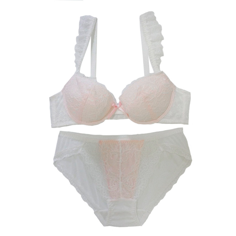 甜蜜时光 日系可爱公主蕾丝粉色有钢圈文胸 少女聚拢F杯内衣套装