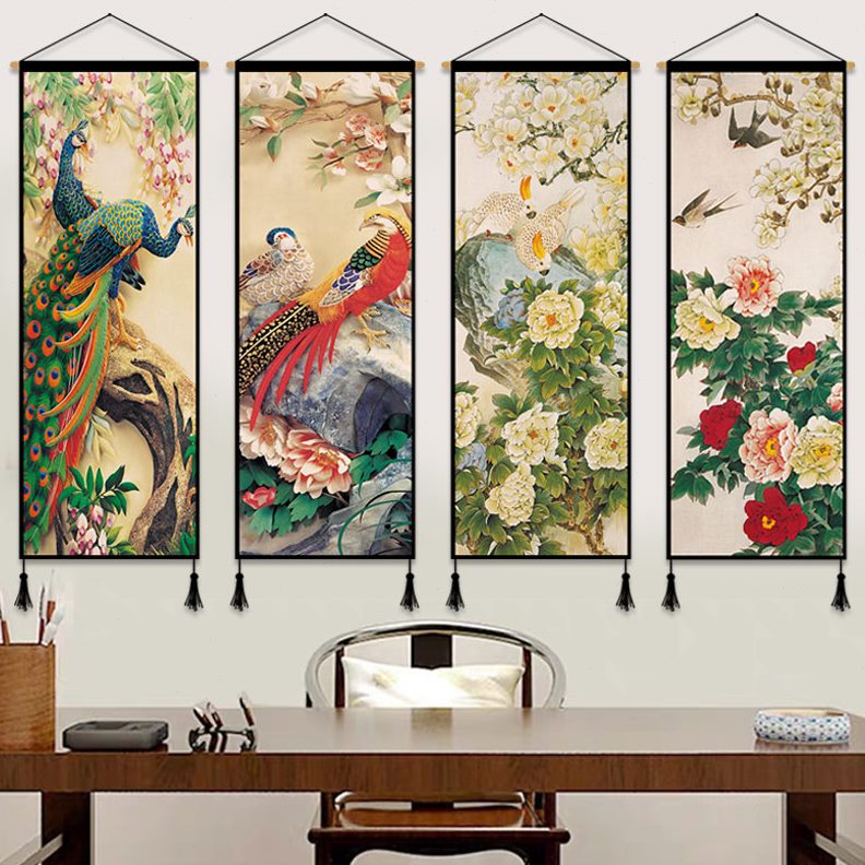 ins装饰画挂帘布艺挂毯卧室客厅挂画墙布壁挂布背景布中式牡丹毯图片