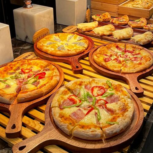 自助餐氛围感西餐厅榴莲披萨托盘木圆芝士火K腿窑烤pizza松饼木盘