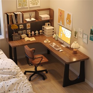 实木转角书桌书架一体电s脑桌带洞洞板定制桌子卧室L型阅读学习桌