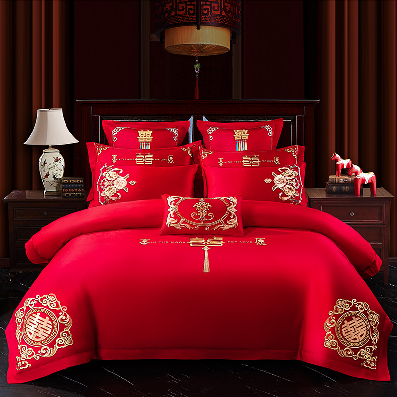 新中式大红色床裙款婚庆四件套全棉被套结婚陪嫁床单床上用品