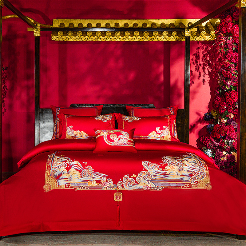 婚庆四件套大红全棉刺绣新婚被套高档婚房喜被十件套结婚床上用品