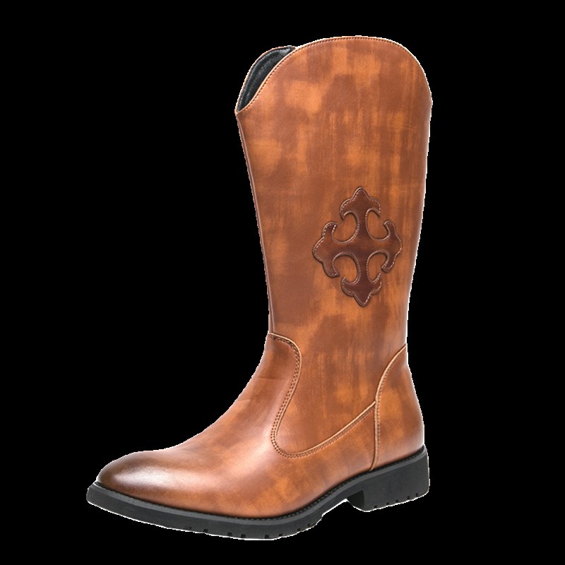 美式棕色马丁靴男秋冬季西部牛仔工装靴刺绣长筒侧拉链高帮骑马靴