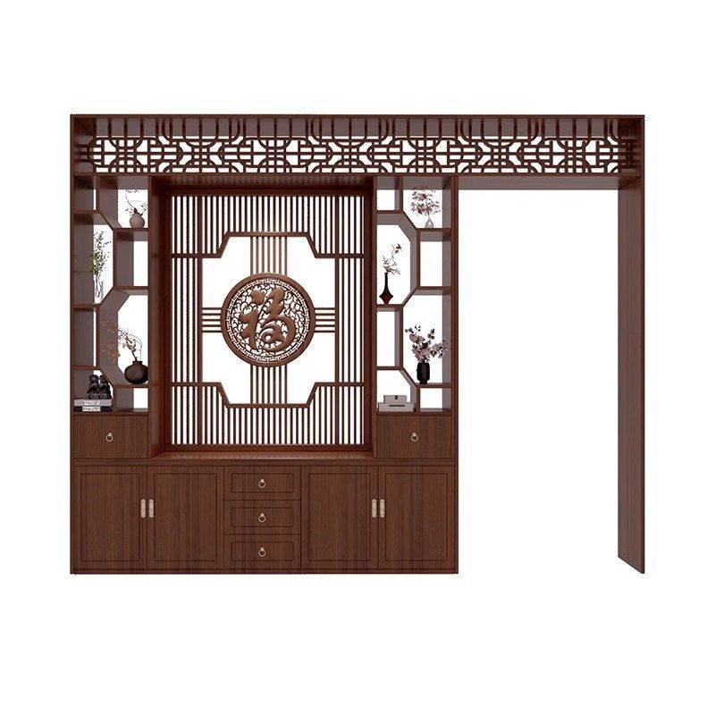 2025新款中式实木屏风玄关柜别墅客餐厅隔断柜遮挡福字门洞置物架