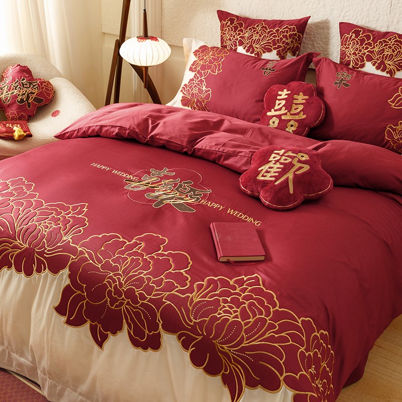 富贵牡丹刺绣全棉长绒棉结婚四件套喜庆乔迁送礼被套纯棉床单床品