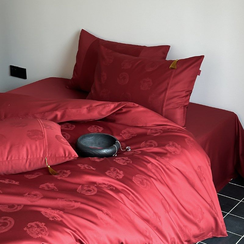 龙凤来仪中式婚庆100S全棉提花四六件套纯棉红色喜庆床单被套床品