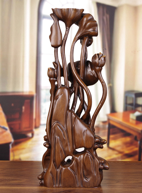 莲花鲤鱼摆件实木雕年年有余乔迁新家居礼品客厅T玄关柜新中式装