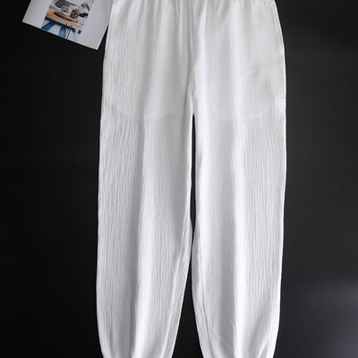 白色双层棉纱束脚收口家居裤女 松紧腰大码睡裤纯棉长裤春秋外穿