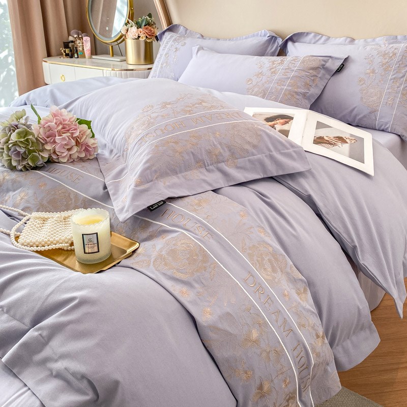 200支纯色加厚四件套美式全棉刺绣100被套秋冬款床上用品