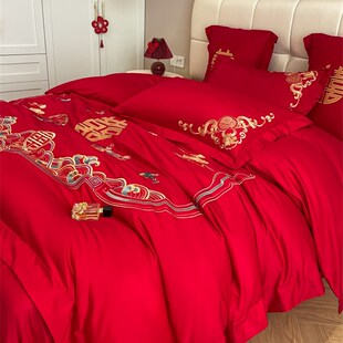 中式 百子图刺绣结婚四件套红色床单被套喜被婚庆床上用品