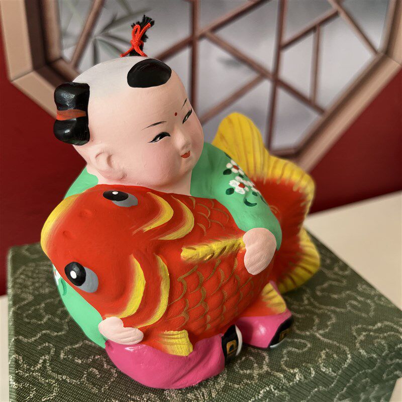 天津泥人张彩塑莲年有余泥娃娃抱鱼摆件商务会议礼品旅游纪念品