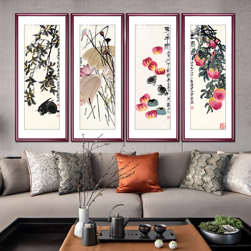 国画齐白石画四联寿桃水墨画新中式客厅装饰画饭厅水果画玄关挂画
