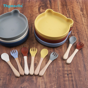 宝宝餐盘儿童硅i胶卡通熊餐具婴儿吃饭吸盘式辅食碗叉勺套餐