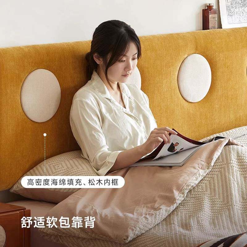 实木齐边床小户型次卧中古软包双人床无边无床头榻榻米床复古风床