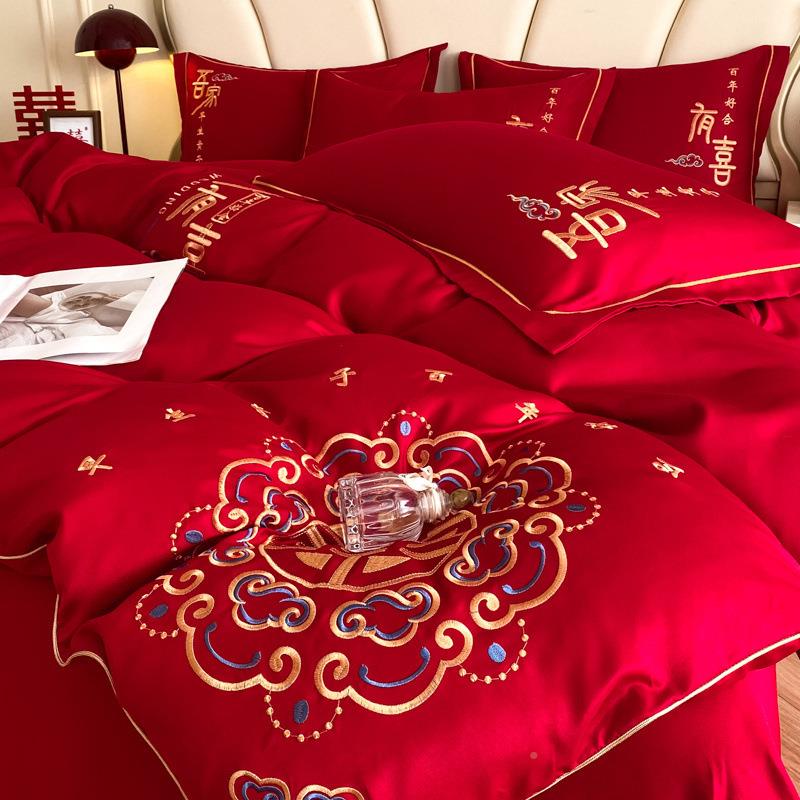 丝光婚四件套结婚婚床棉新床刺2Y6CArzT婚中式龙凤绣大红结