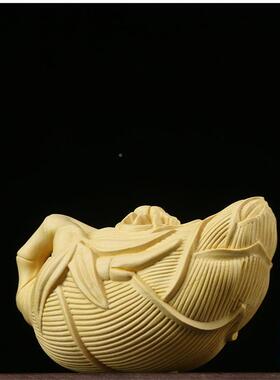 小叶黄杨雕木刻VJO随盘手把件文玩知足常乐茶身壶件家居工摆艺品