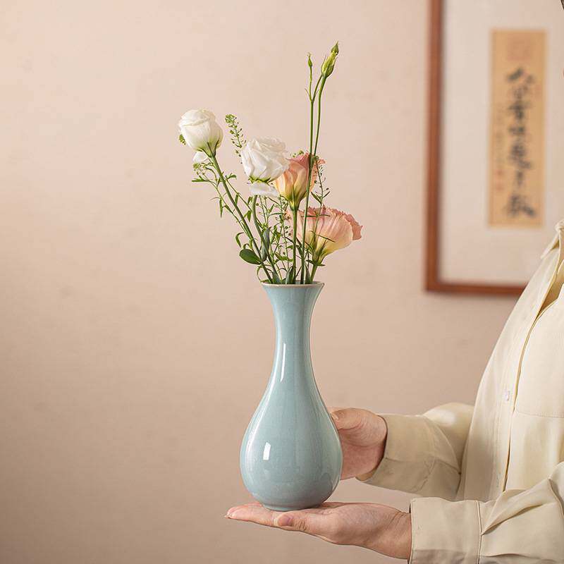 天青汝窑玉净瓶中式禅意客厅茶室插花仿古瓷器摆件高端陶瓷小花瓶