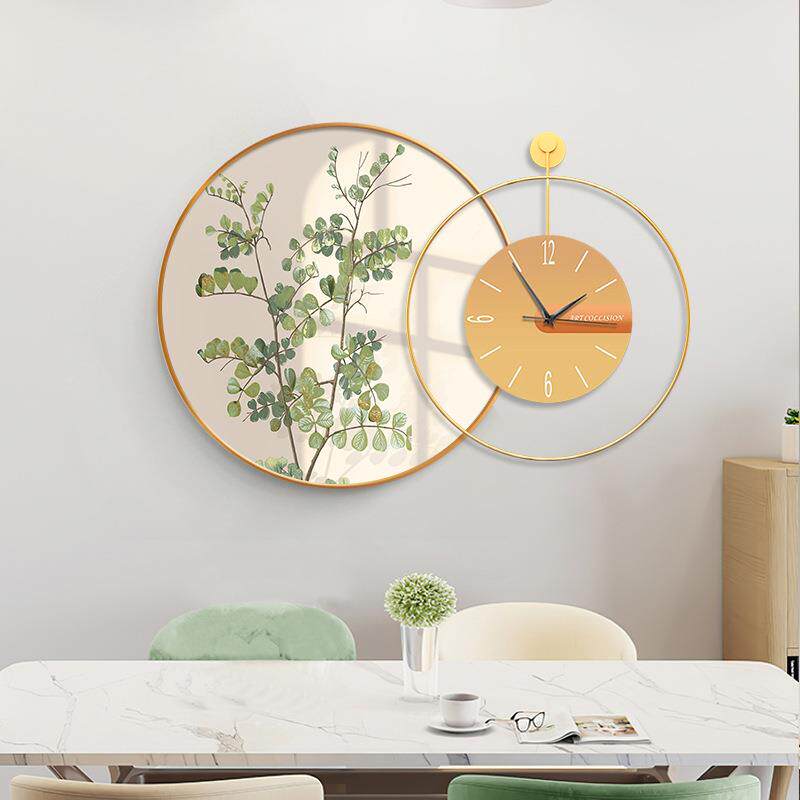 奶油风餐绿植厅挂画静组音森野诗境钟表合圆装饰画现代简约客厅时