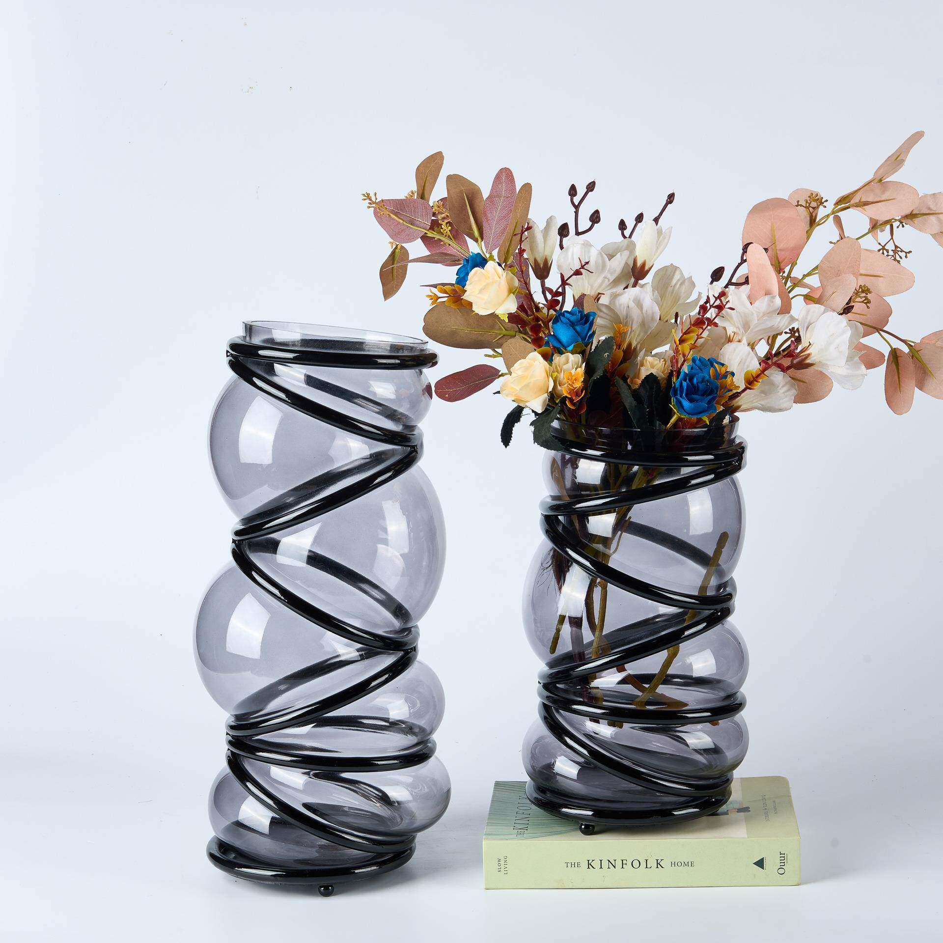 现代简约璃缠绕花玻器木质创高脚板果盘意摆A6金属件桌面餐桌装饰