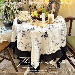 餐法式 浪tlznfgfg漫复古蝴荷叶边长方形桌布茶几桌蝶品布甜台布防