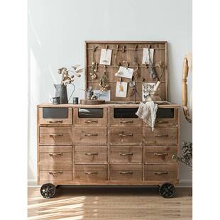 润家居美式古简约家边柜餐做FSB旧木柜子花店带轮子收纳柜实复木