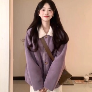 紫色冬季外套女2025新款宽松百搭麂皮一体翻领加绒加厚保暖羊羔毛
