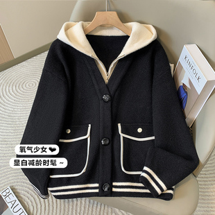 欧货洋气假两件连帽毛呢外套女2025秋大码胖mm高级感洋气外搭上衣