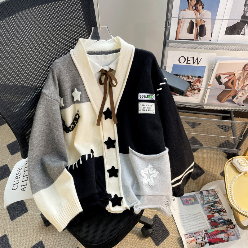 设计感小众毛衣外套女宽松慵懒风秋冬季星星拼接软糯针织开衫上衣