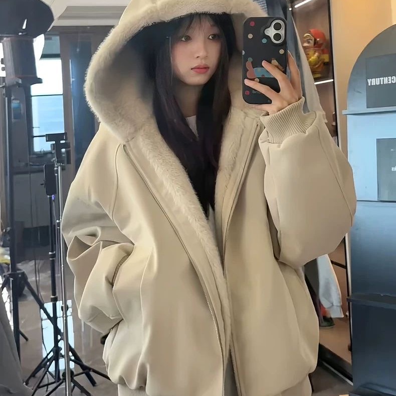 冬季加绒加厚座山雕连帽棉服外套女2025新款宽松保暖棉衣面包服潮