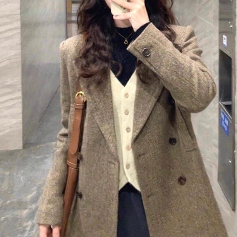 毛呢西装外套女2025年新款小个子赫本风高级感气质加厚呢子大衣女