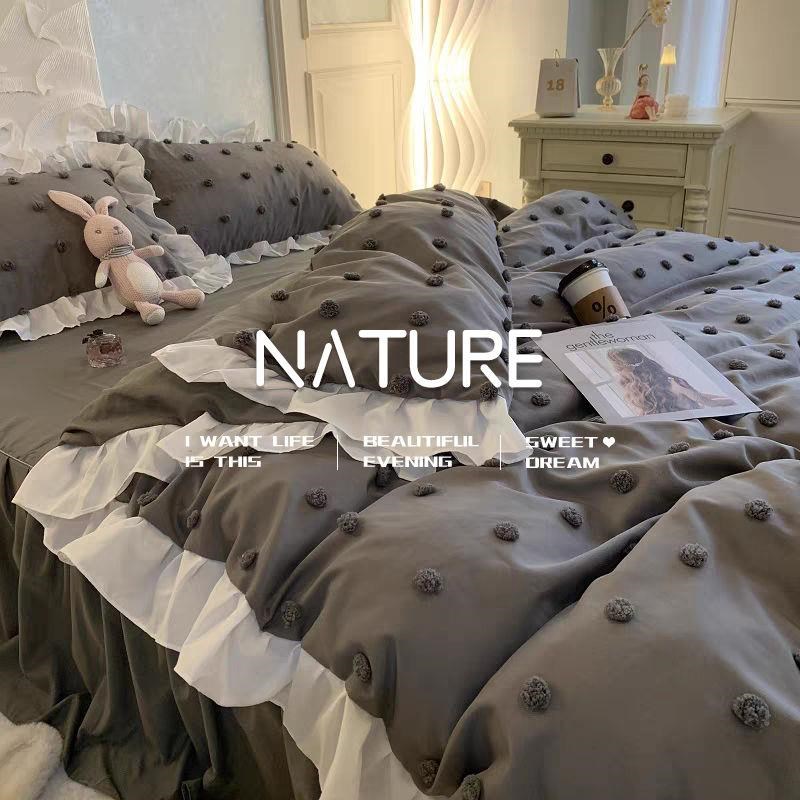 高级轻奢灰色床单人床p裙四件套球球被套耐脏被单宿舍床床上三件