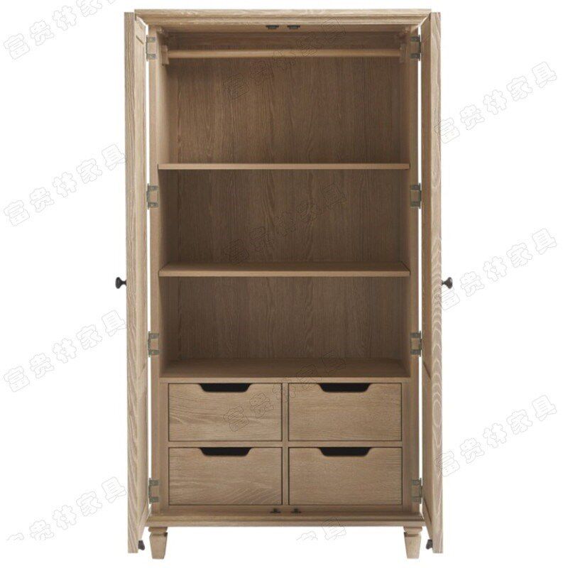 美式乡村藤艺实木双门衣柜风化白色做旧欧式两门衣橱法式橡木衣柜