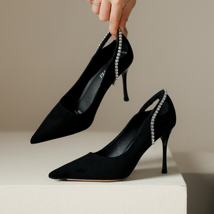 法式 细跟水钻设计感z小众气质尖头绒面浅口工作职业单 黑色高跟鞋